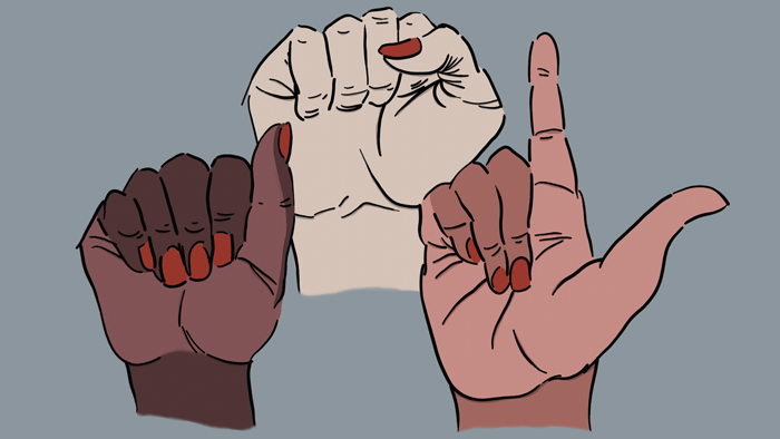 graphic of three hands signing out the letters "ASL"