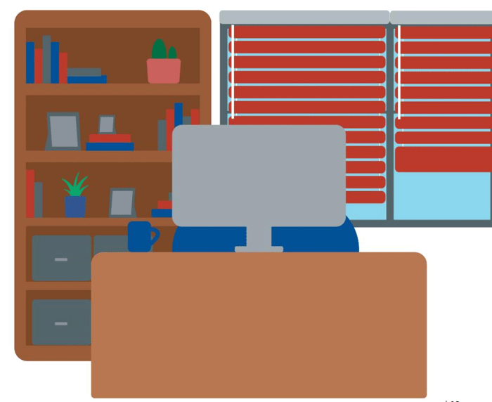 graphic of a work from home setting with a desk, bookcase and windors